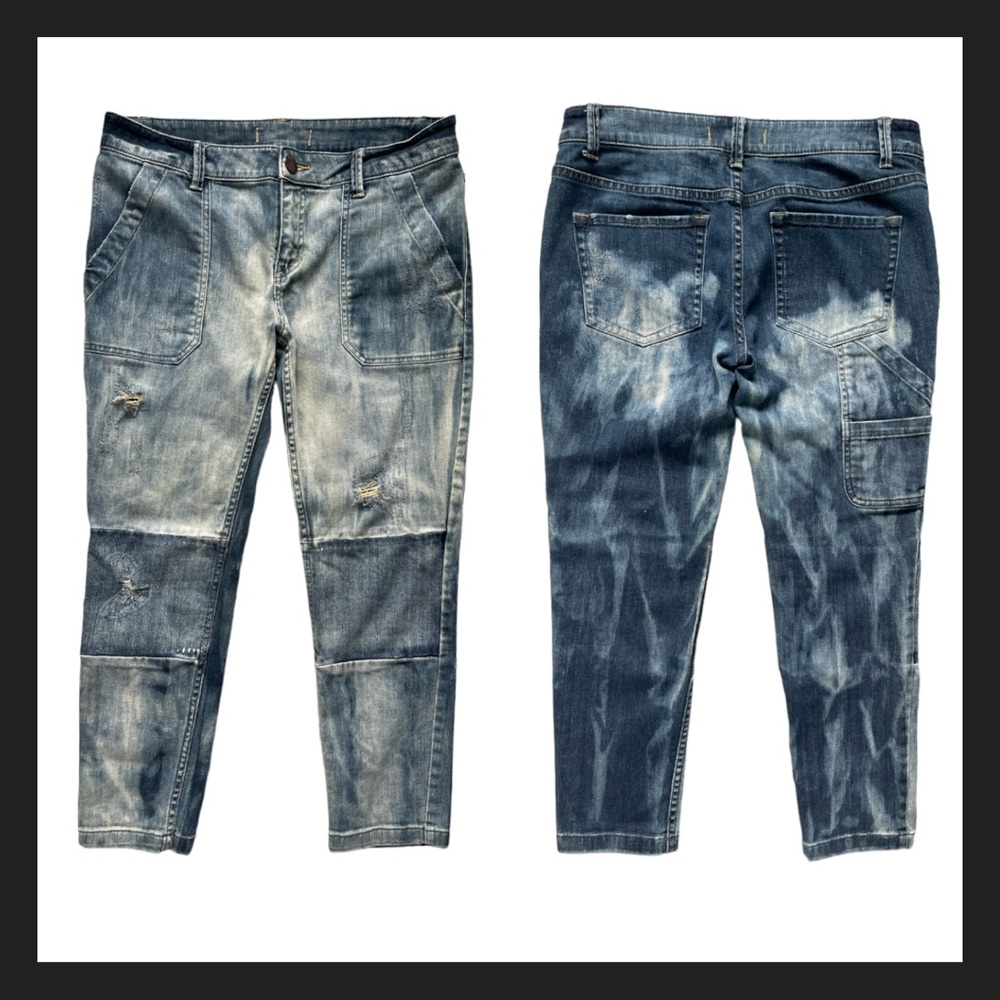 Free People Distressed Bleached Patchwork Cropped Jeans